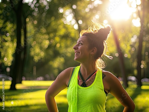A woman in a fluorescent green tank top at a fitness boot camp in a city park, her energy infectious