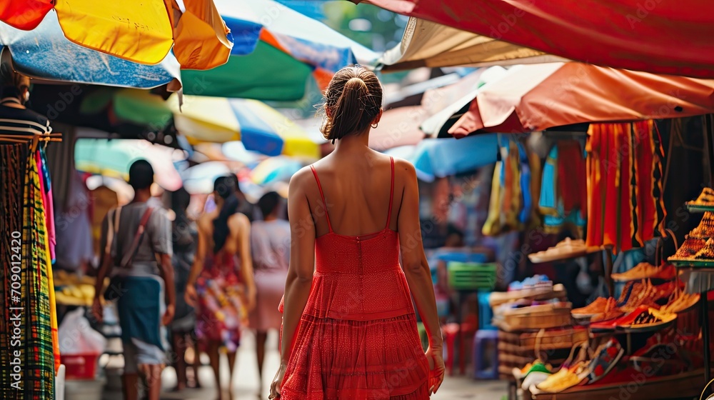 A woman in a vibrant red dress walking through a bustling city market, her dress contrasting with the colorful stalls