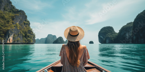 A tranquil scene of a woman on a boat gazing at a serene ocean landscape with limestone cliffs. © red_orange_stock