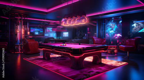 Gaming room with neon light setting and billiards table