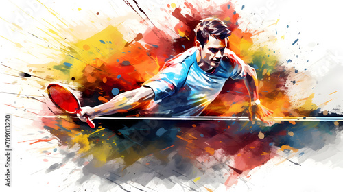 Watercolor abstract illustration of player with Table Tennis Ping Pong. The athlete in action during colorful paint splash photo