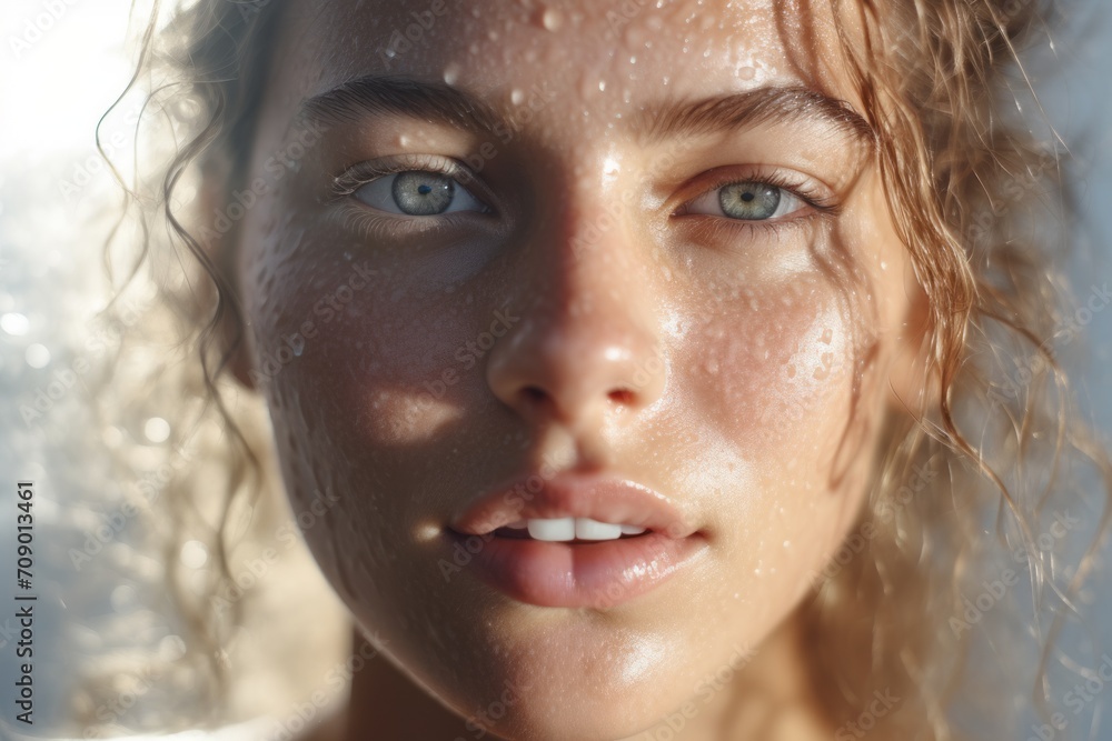 Close-up of a girl's face with makeup remover. Lack of makeup on the face with drops of water on the skin and the golden glow of the sun, blue eyes. Concept: healthy clean skin, beautiful even body 