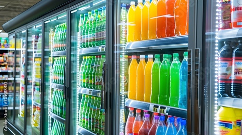Fresh drinks in the supermarket fridge photo