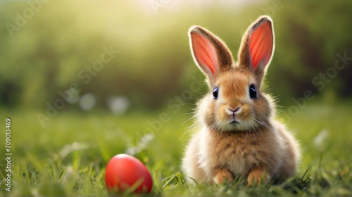 Cute fuffy Easter bunny with red Easter egg on the meadow