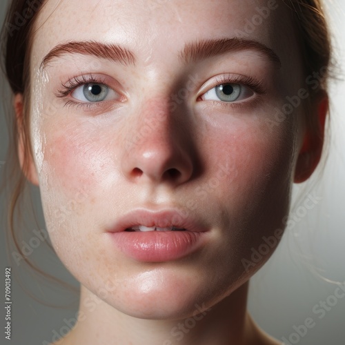 Woman's face with natural makeup, emphasizing the beauty of deep blue eyes and perfect skin. Concept: healthy clean skin, beautiful even body color.  © Ирина Похно