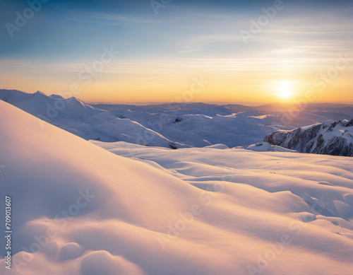 Lumps of snow in the rays of sunset. Close-up. Snow background.