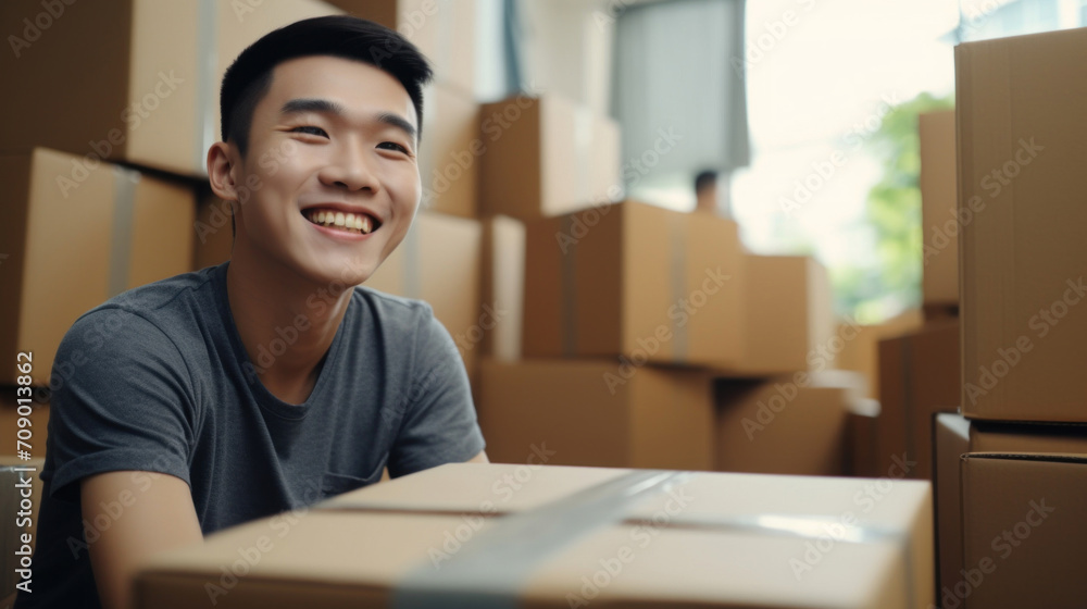 A young man smiles broadly surrounded by cardboard boxes, reflecting the excitement of moving to a new place.