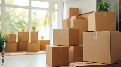 Stacks of cardboard boxes for moving day in a bright, sunny room with large windows and a view of greenery. © red_orange_stock