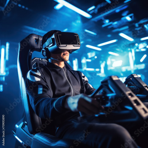 Futuristic simulator cockpit Man with VR goggles, engaged in innovative gaming, driving a 3D motorsport or spaceship online. ai generative