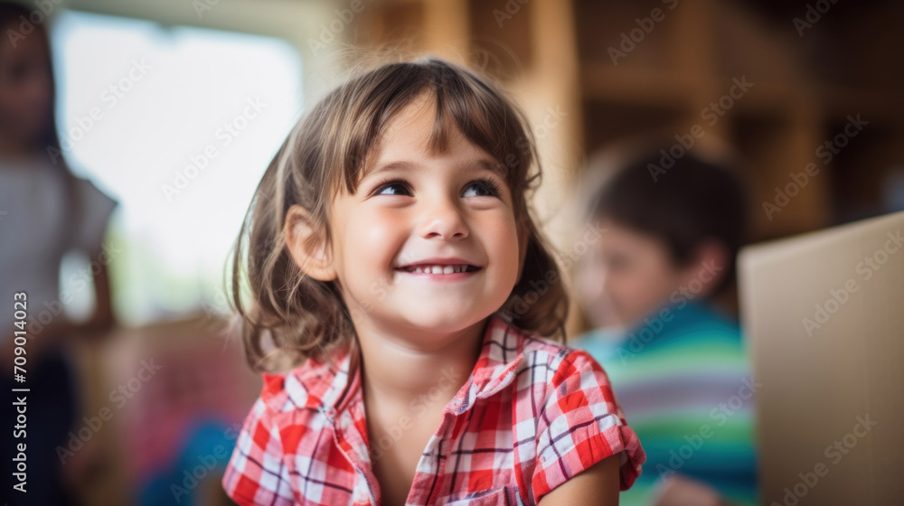 A cheerful young girl with a captivating smile amidst moving boxes, enjoying the adventure of a new home. A cheerful young girl with a captivating smile amidst moving boxes, enjoying the adventure of a new home.