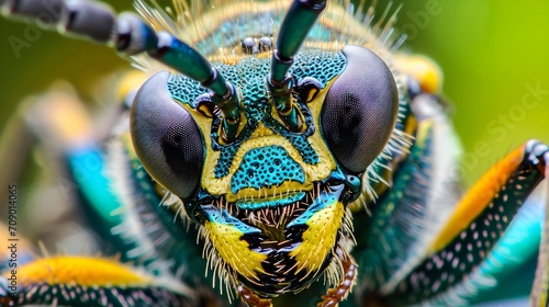 Extreme close-up of a colorful insect, showcasing intricate details of its compound eyes, antennae, and textured exoskeleton