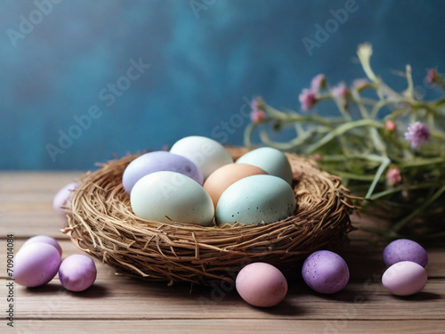 Easter eggs in nest on the wooden table, countryside style of living.
