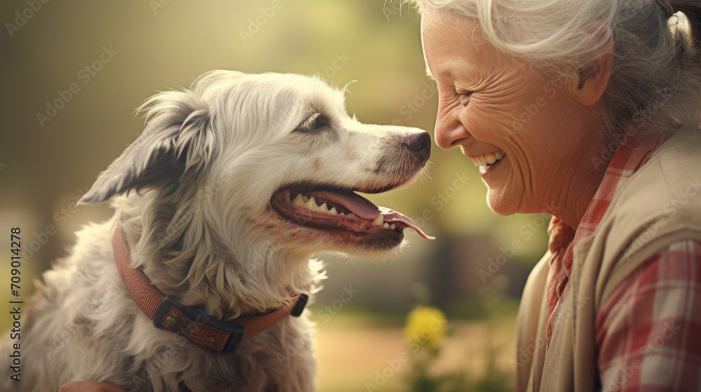 An elderly woman shares a heartwarming laugh with her fluffy dog, showcasing a special moment of companionship. An elderly woman shares a heartwarming laugh with her fluffy dog, showcasing a special moment of companionship.