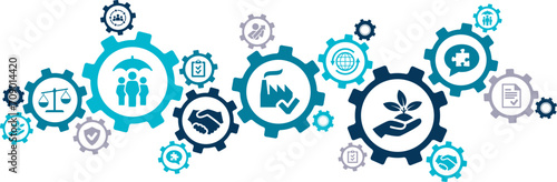 CSR / ISO vector illustration. Concept with icons related to corporate social responsibility, corporate self regulation or corporate conscience, ethics or values, company policy & standards.