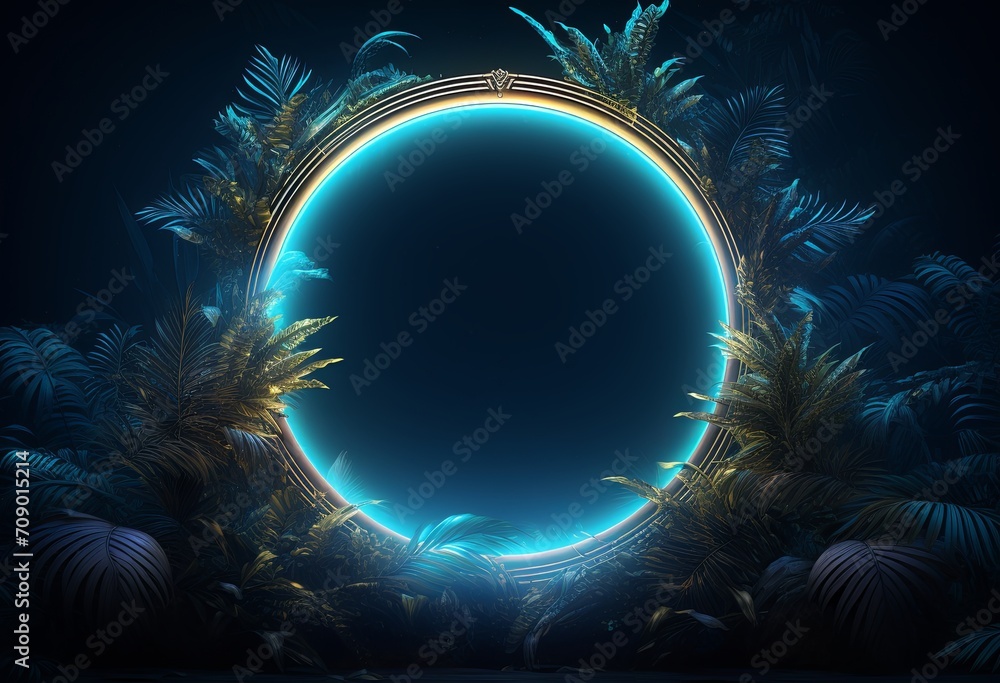 the illustration of a neon circular frame surrounded by leaves, in the style of uhd image, dark sky-blue, animated gifs, enigmatic tropics, unreal engine 5, i can't believe how beautiful. - obrazy, fototapety, plakaty 