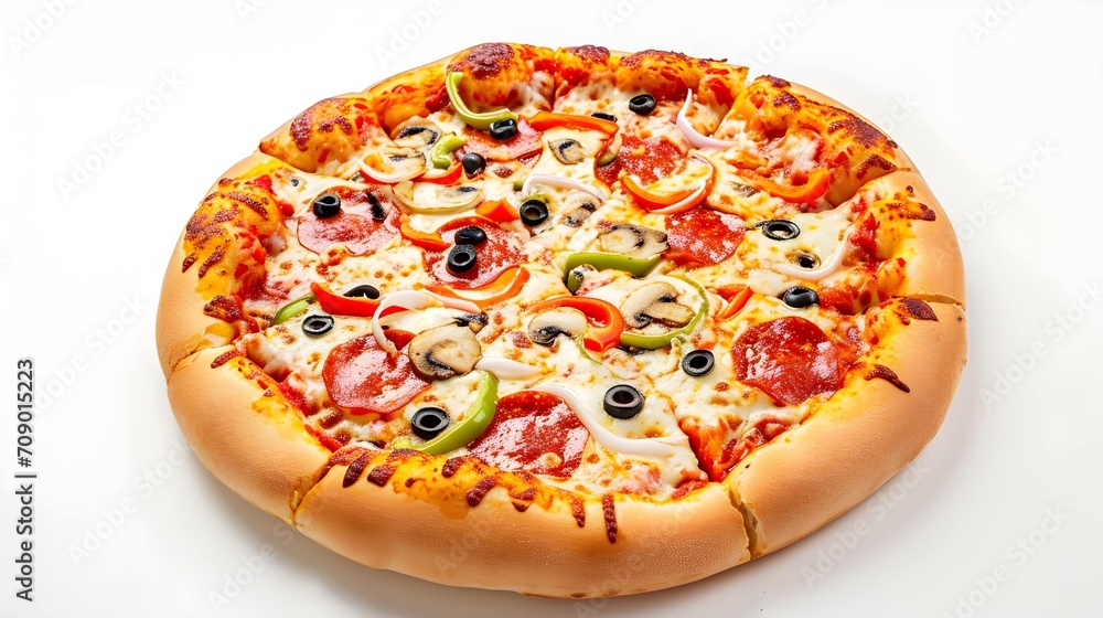 Craft a realistic whole pizza, making its presence felt on an isolated white solid background