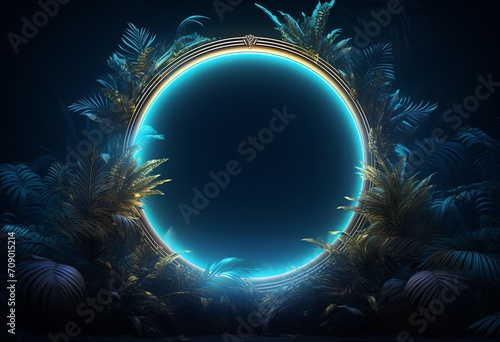the illustration of a neon circular frame surrounded by leaves, in the style of uhd image, dark sky-blue, animated gifs, enigmatic tropics, unreal engine 5, i can't believe how beautiful.