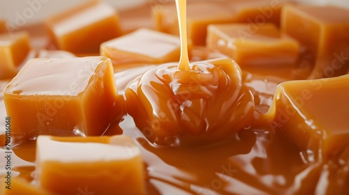 Close-up of caramel cubes in the shape of a pyramid along which liquid caramel flows  photo