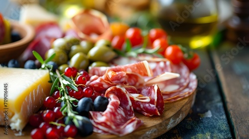 Charcuterie plate with prosciutto salami cheese and berries olives Aperitif Antipasti Italian table photo