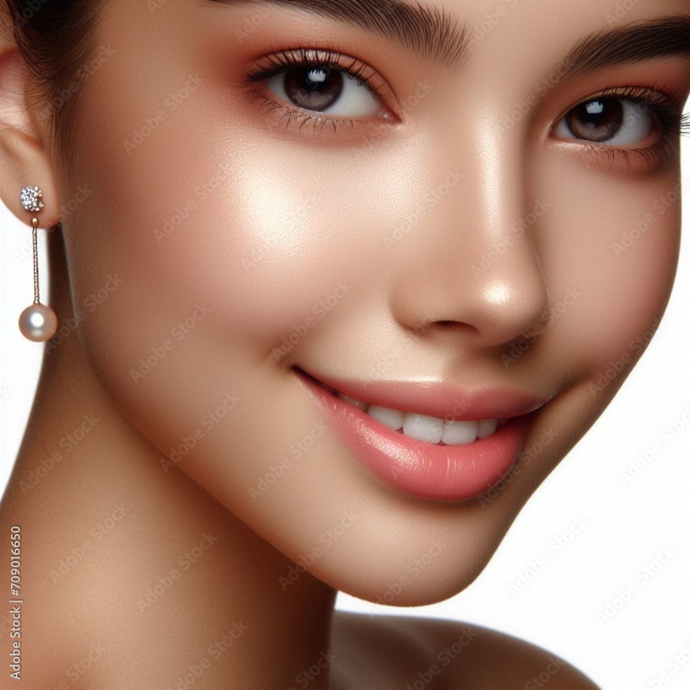 Close-up of a beautiful face, a young girl, brunette with natural beauty, glowing skin without makeup, a white earring in her ear. Cosmetology concept. Cosmetics, beauty products. Lips without lipstic Close-up of a beautiful face, a young girl, brunette with natural beauty, glowing skin without makeup, a white earring in her ear. Cosmetology concept. Cosmetics, beauty products. Lips without lipstic