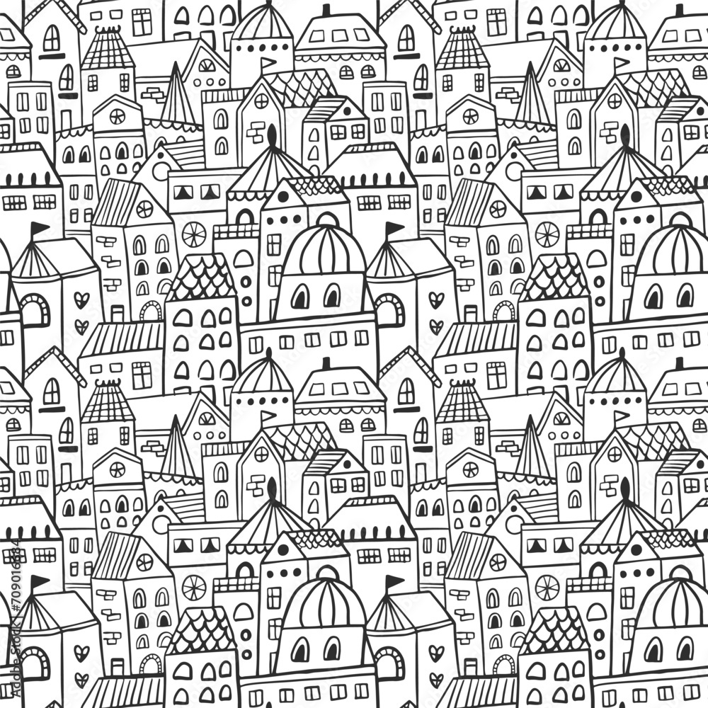 Seamless black and white pattern with hand drawn city