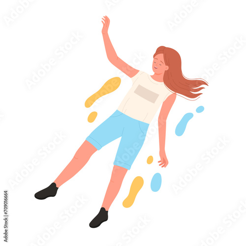 Relaxed girl floating in the air. Imaginary freedom flight cartoon vector illustration