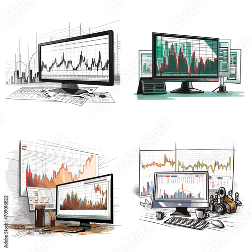 Stock Market Trading Stock Chart and Computer .simple isolated line styled vector illustration