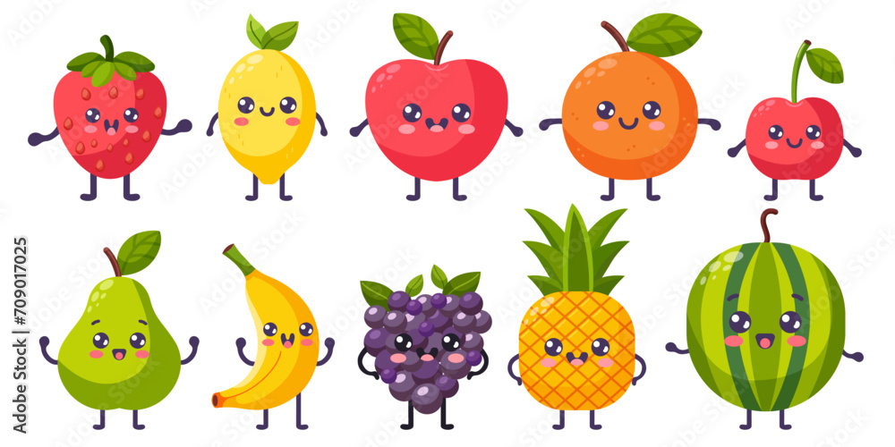 Fototapeta premium Groovy cartoon fruits set. Happy cute fruits characters, plants with smiling face, funny berries, graphic elements isolated collection. Vector food illustration.