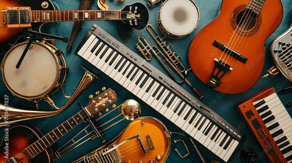 Assorted collage of musical instruments. Guitar keyboard Brass percussion studio music concept. - obrazy, fototapety, plakaty 