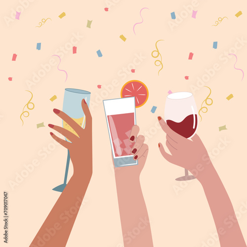 celebration with raised hands with glasses