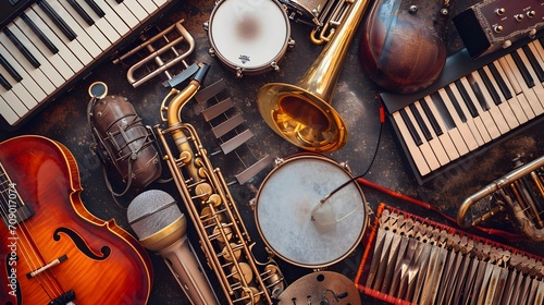 Assorted collage of musical instruments. Guitar keyboard Brass percussion studio music concept. photo