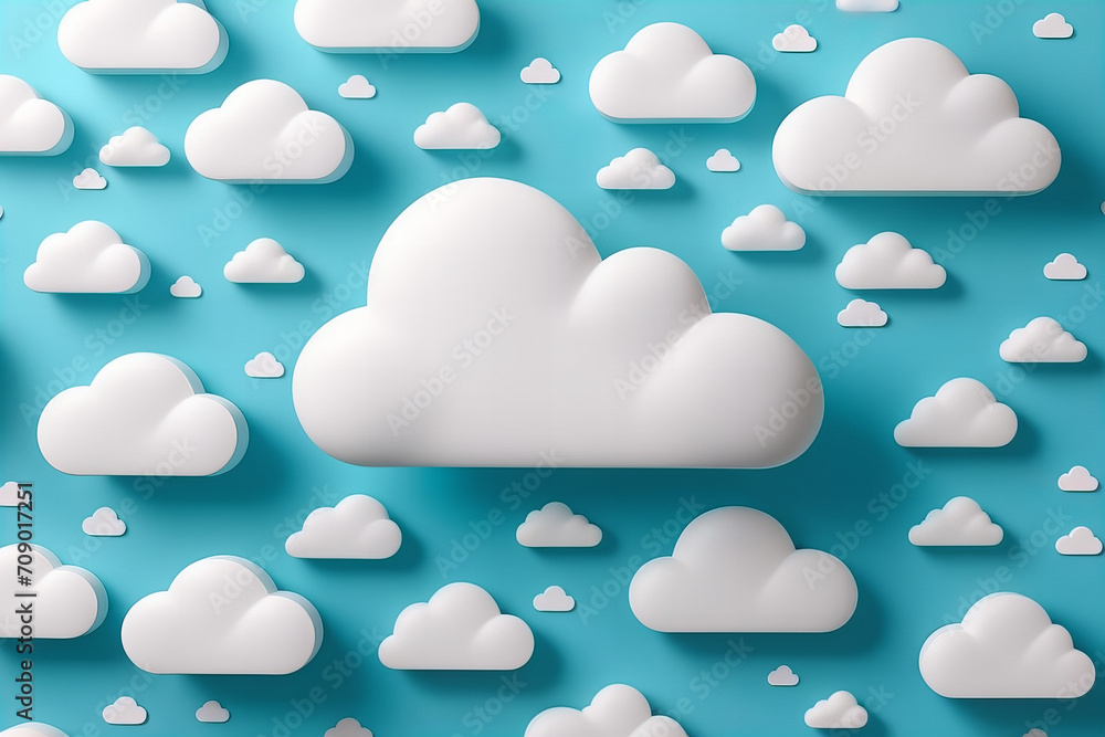 3D white clouds pattern on a blue pastel background suggesting exploration and adventure travel 3D white clouds pattern on a blue pastel background suggesting exploration and adventure travel