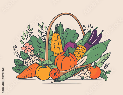 Harvest set, organic foods like fruit and vegetables, happy thanksgiving dinner background, vector illustration harvesting with pumpkin and stack of wheat ears, cranberry berries, bunches of grapes