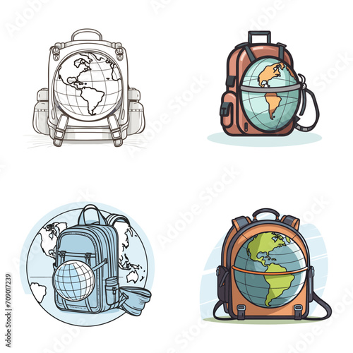 Virtual Field Trip Globe and Backpack .simple isolated line styled vector illustration