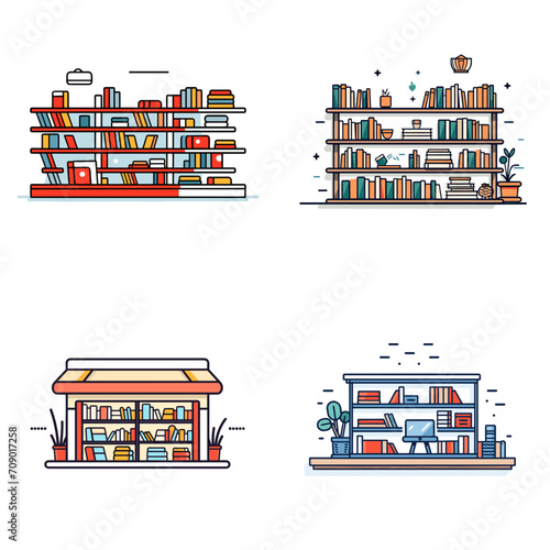 Bookstore Online Shopping Books and Bookshelf .simple isolated line styled vector illustration