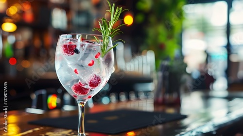 a Glas with gin and wildberry on a table in a bar photo