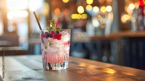 a Glas with gin and wildberry on a table in a bar photo