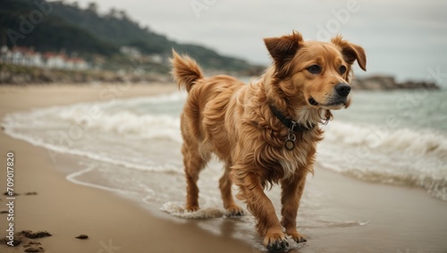 golden retriever running on beach