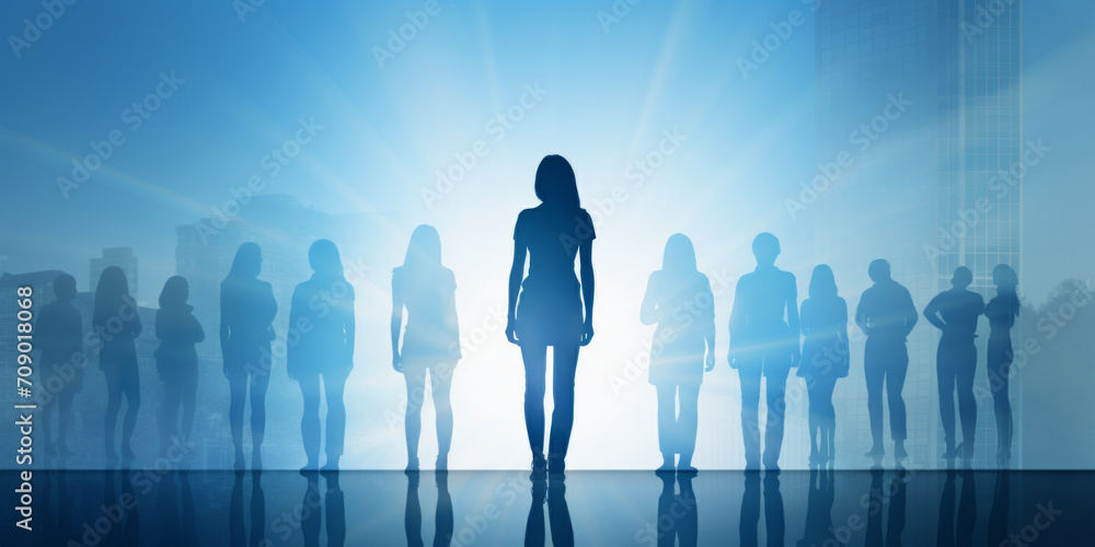 Silhouettes of group of business people standing in line on sky blue background Silhouettes of group of business people standing in line on sky blue background
