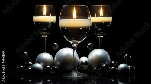 A still life composition of elegant white candles in wine glasses and reflective spheres on a dark background.