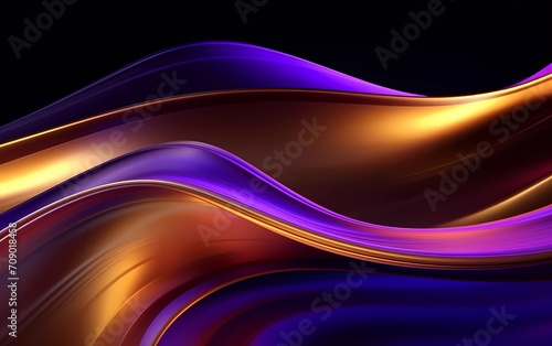 3d render, gold colored background abstract shapes glowing in the ultraviolet spectrum, curved neon lines. generative ai
