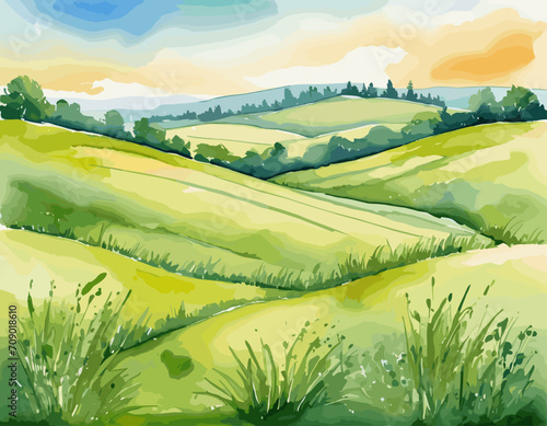 Rural landscape with river. Watercolor hand drawn background