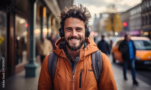 bearded man in headphones smiling against the backdrop of a busy city street