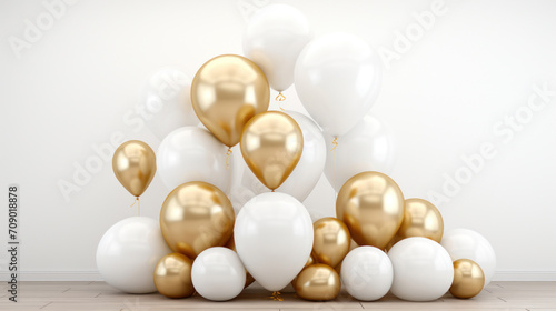A cluster of elegant gold and white balloons gathered for a celebration, creating a festive and luxurious atmosphere.