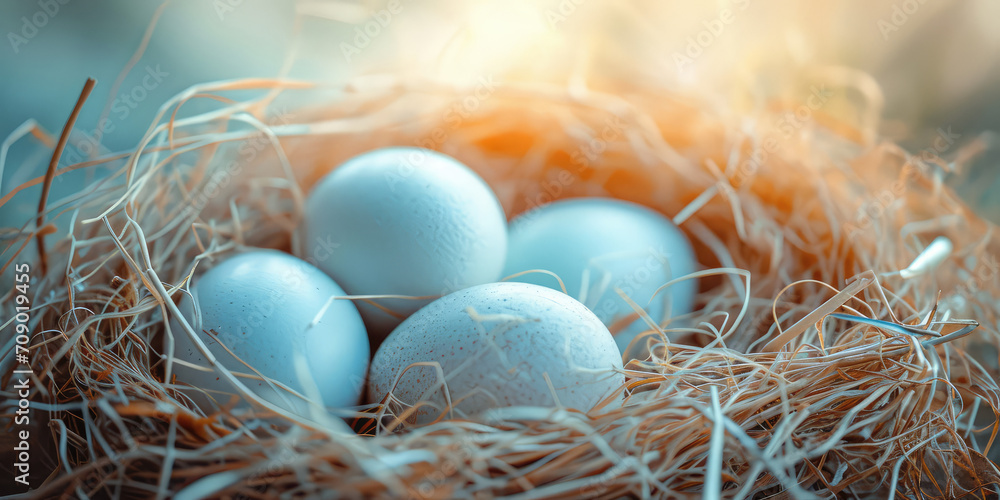 Obraz premium Close-up of white chicken eggs resting in a natural hay nest, symbolizing organic farming and sustainability, copy space. Fresh Farm Eggs Nestled in Hay.