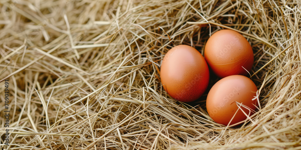 Close-up of beige chicken eggs resting in a natural hay nest, symbolizing organic farming and sustainability, copy space. Fresh Farm Eggs Nestled in Hay. Close-up of beige chicken eggs resting in a natural hay nest, symbolizing organic farming and sustainability, copy space. Fresh Farm Eggs Nestled in Hay.