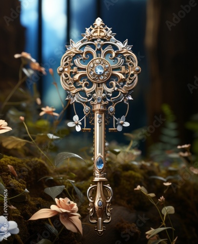 Beautiful adamantine key decorated with shining white diamonds and pearls. photo