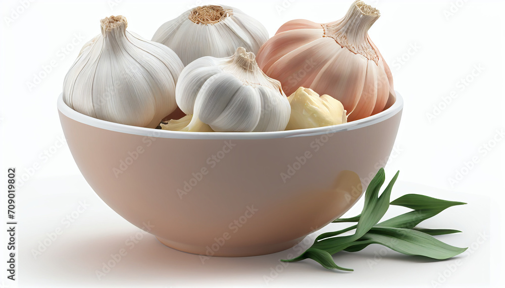 Stacks of garlic in a bowl, isolated against a white background Stacks of garlic in a bowl, isolated against a white background