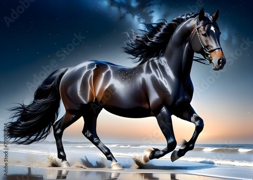 A dark brown Frisian horse galloping beneath the night sky.