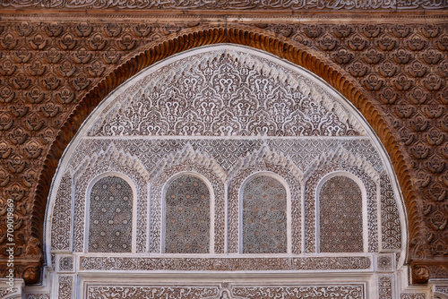 Large, Elaborately Carved Arch with Restored Cedar and Stucco, Medersa Ben Youssef, Marrakech